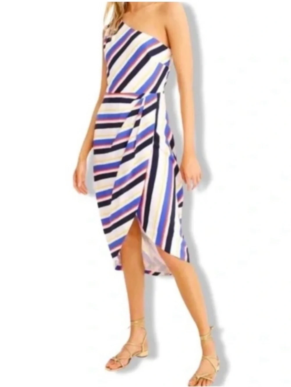 J Crew Sz 6 One-Shoulder Striped Midi Dress in White and Navy Blue